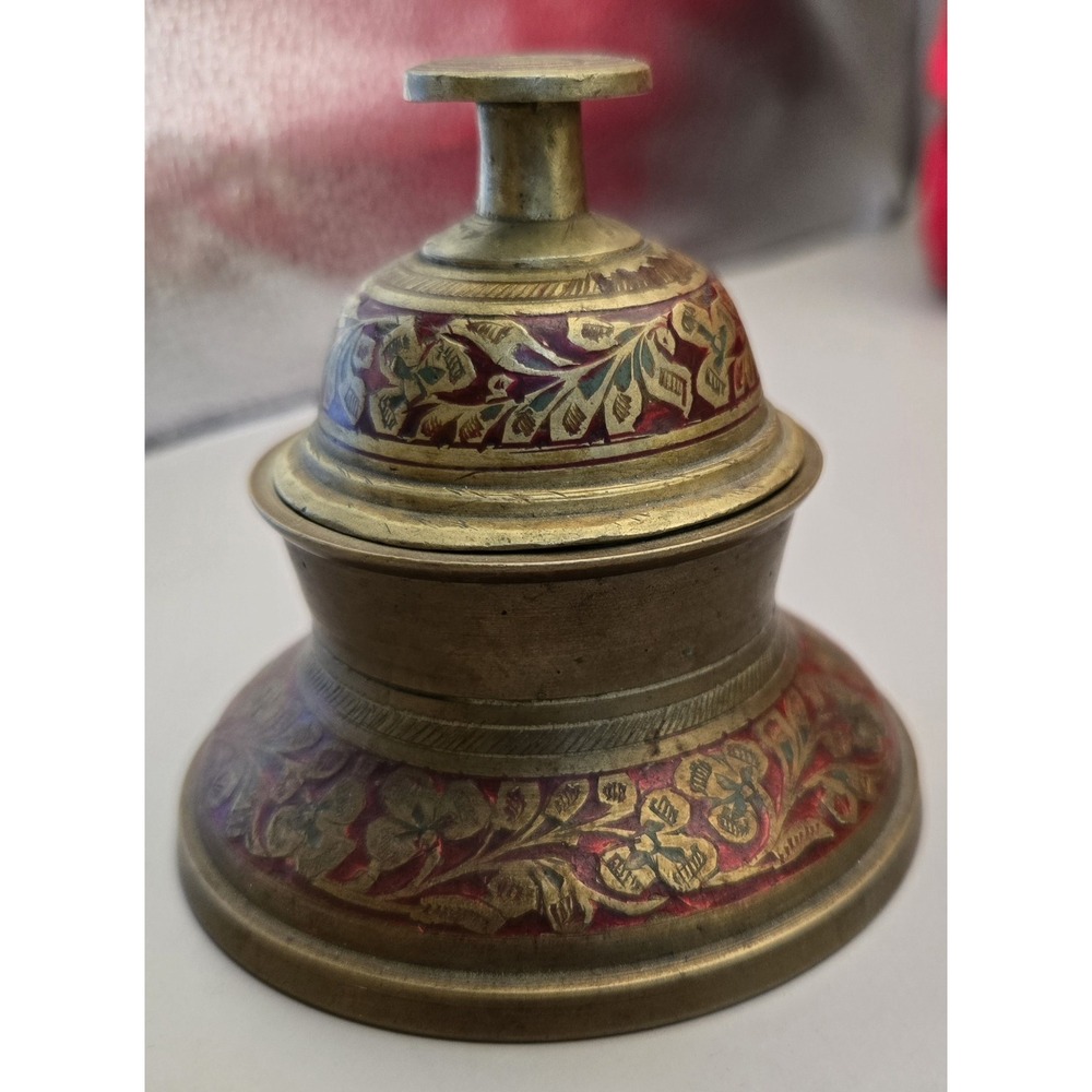1940s Solid Brass Elephant Claw Bell Red & Green Inlayed Floral Pattern 2 Pieces